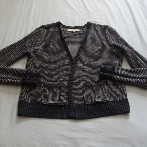 ANN TAYLOR LOFT Silver/Gray STRIPE Long Sleeve WOOL Blend CARDIGAN Sweater Sz M - Picture 2 of 5